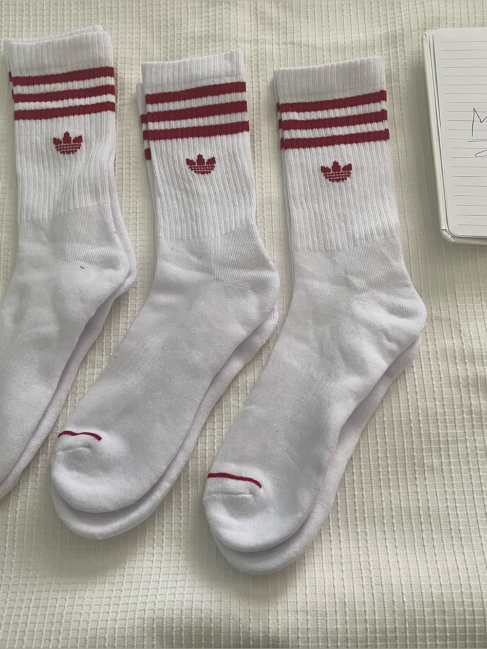 adidas White Athletic Crew Socks with Red Stripes